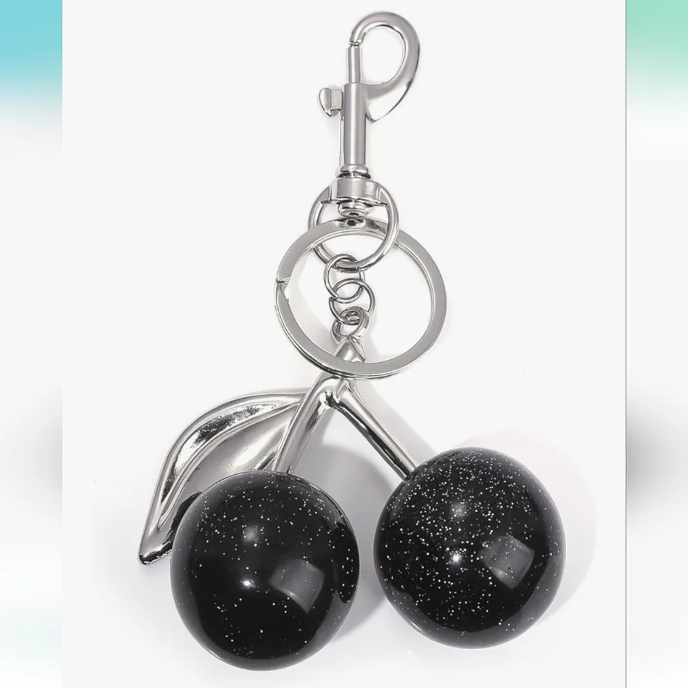 Glitter Cherries Large Black Silver Bag Charm Keychain Ring Pendant - Picture 6 of 6